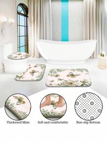 1pc/4pcs Floral Plant & Butterfly Functional Bathroom Decor Set, Includes Waterproof Shower Curtain With 12 Hooks, Anti-Slip Mat, U-Shaped Toilet Mat And Round Toilet Lid Cover, Suitable For All Bathroom Scenes