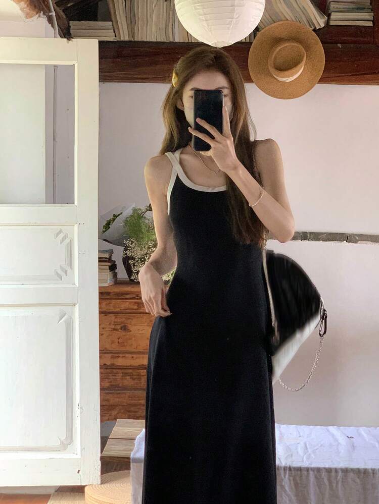 春夏女士休闲简约时尚撞色露背交叉吊带针织连衣裙 - 黑色 - 查看 2