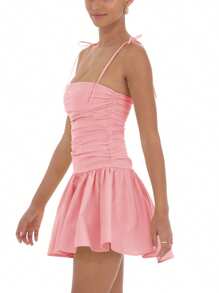 Women's Tie Strap Mini Dress Zipper Back Solid Color Sleeveless Backless Slim Ruched A-Line Dress Thankgiving - Pink - View 6