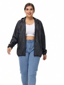 1件装女士轻薄纯色长袖休闲外套，拉链连帽大码女式外套，防晒外套，大码女士休闲运动外套 - 黑色 - 查看 3