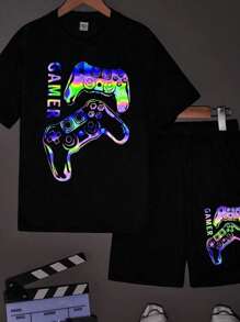 Conjunto Camiseta e Short  de Malhas de Verão Casual para Menino Jovem, com Estampa de Video Game Colorido, Gola Redonda, Camiseta com Manga Curta e Shorts