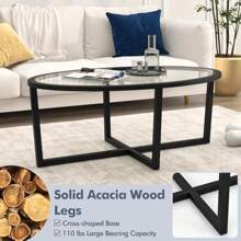 Giantex Glass Coffee Table, 46.5" Oval Accent Sofa Tea Table With Tempered Glass Top, Cross Base & Acacia Wood Legs, Cocktail Table Center Table For Living Room Home Office, Black - default - View 5