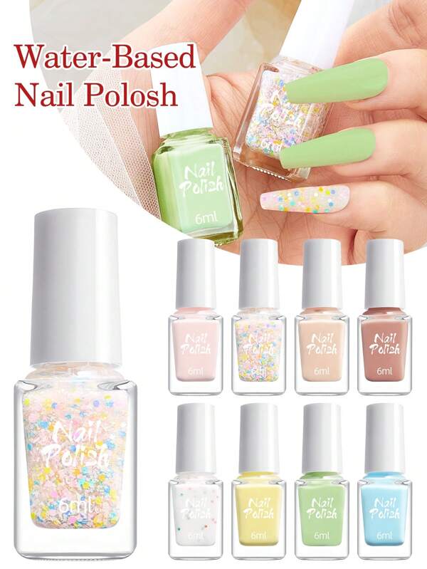 8pcs/Set 6ml Macaron Color Nail Polish Set, Colorful Nail Art Water-Based Glossy Enamel, Gel Polish Base And Top Coat, Suitable For Ladies, Girls Salon, DIY Home Manicure, Festival Celebration, Valentine's Day Gift