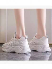 Zapatillas con cordones de fondo grueso para mujer, zapatos casuales de colores sólidos, suela blanda de goma - Beis - Ver 4