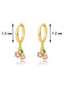 Cute Pink Cubic Zirconia Cherry Shaped Gold Earrings, 18K Gold Plated Silver Anti-Fade Earrings, Suitable For Weddings, Parties, Vacations And Other Occasions, Also Can Be Given As A Commemorative Gift To Best Friends For Daily Wear. - Stainless Steel - View 16