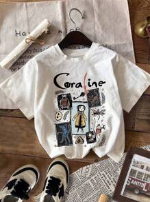 Girls' Cartoon Print Short Sleeve T-Shirt, Girls' Summer Round Neck Blouse - White - View 2