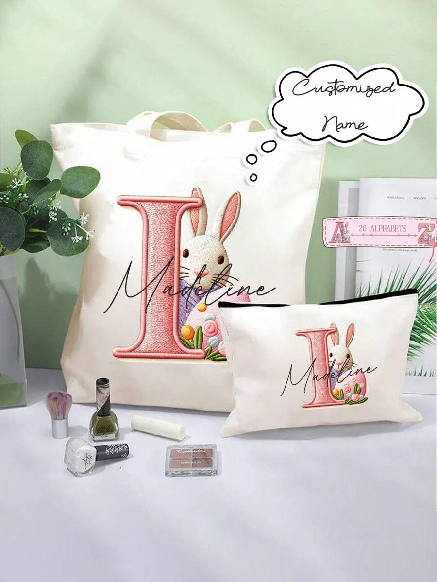 Personalized Easter Bunny Tote Bag, Customizable Name, Easter Gift Bag, Cute Bunny Design Easter Tote Bag, Easter Celebration 2-Piece Tote Bag Set, Canvas Shoulder Bag With Cosmetic Organizer Pouch, Adorable Cartoon Bag Set, Women Makeup Bag, Fashion Canvas Girl Large Capacity Travel Shoulder Bag - Multicolor - View 1