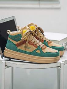 Męskie codzienne, kontrastowe, patchworkowe, nadrukowane litery z przodu, sznurowane, wysokie, płaskie trampki, modne, lekkie, sportowe buty na platformie zwiększające wysokość