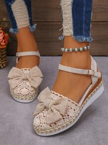 2026 Summer New Women's Beige Linen Mesh Hollow Wedge Thick Bottom Non-Slip Lightweight PU Sole Wrapped Comfortable Linen Lining Fashion Round Toe Cute Increase Height Shoes - Rice Bow - View 3
