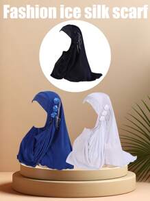 1 pieza Hijab árabe para niñas de 12 a 16 años, pañuelo para la cabeza islámico con rhinestones para niña y niñas, hijab decorado con cadena con pliegues y flores - 1PC - Ver 3