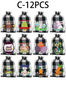 12 件复活节礼品包装袋，兔子和鸡蛋装饰抽绳礼品袋 - 彩色 - 查看 5