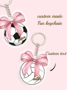 1pc Customized Cute Bow Sports Keychain (Football/Basketball/Volleyball), Upload Your Name, Personalized Keychain Gift For Her/Him, UV Printing Craft