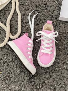 OPOEE White Canvas Shoes Baby Sneakers Mid Cut Casual Shoes Children Lace Up Vulcanized Shoes Spring Autumn Korean Style Minimalist Boys Girls Classic High Top Canvas Shoes Unisex Kids Skateboard Sneakers - Baby Pink - View 5