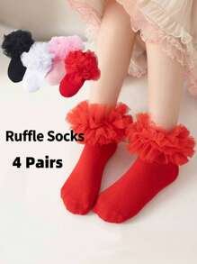 4 双儿童袜子，女童袜子蓬松荷叶边公主裙袜蕾丝舞蹈袜新生儿/婴儿/幼儿/女孩，适合所有季节 - 彩色 - 查看 1