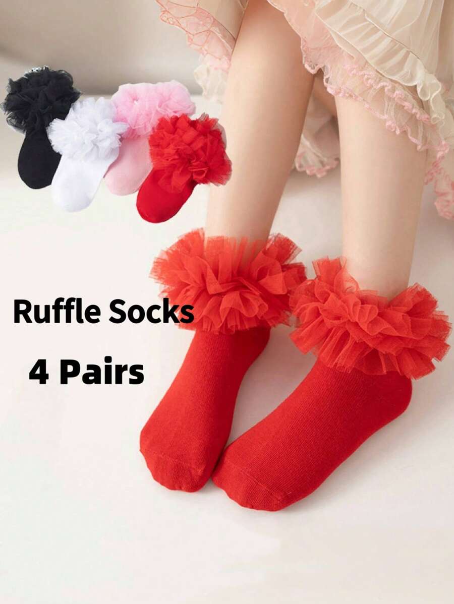 4 双儿童袜子，女童袜子蓬松荷叶边公主裙袜蕾丝舞蹈袜新生儿/婴儿/幼儿/女孩，适合所有季节 - 彩色 - 查看 1
