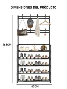 2 In 1 Stainless Steel Shoe Rack, Shoe Rack With Coat Rack, Coat Rack, Storage Cabinet, Storage Shelf For Hallway, Bedroom, Bathroom, Office, Shoe Rack - Black - View 3
