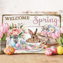 2D Rustic Farmhouse Metal Tin Sign, 8x12 Inch - Vintage Easter Bunny & Rose Tea Design, Iron Wall Decor For Kitchen & Home, Ideal For Spring Season Festive Decor
