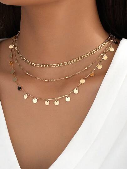 1 pieza Collar de cadena multinivel con colgante redondo personalizado de moda, adecuado para mujer, regalo para resort de playa de verano, accesorio de joyería versátil de estilo bohemio para uso casual diario