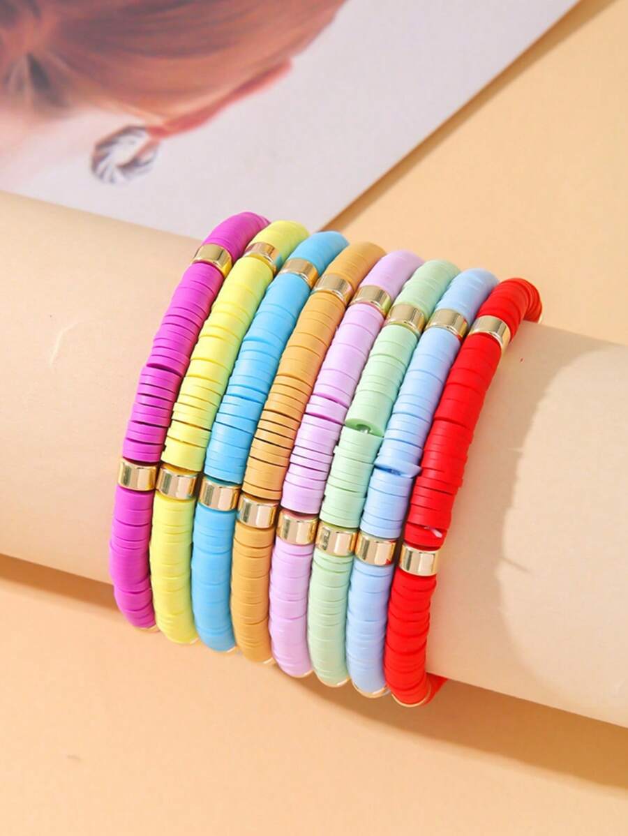 8 件/9 件/15 件/套波西米亚风随机色聚合物粘土铺镶手链套装适合女士女孩夏季日常佩戴 - 手鍊套裝 - 查看 1