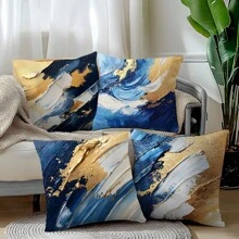 4 stuks blauw, wit en gouden abstracte schilderij illustratie patroon decoratieve kussensloop set, zachte perzikhuid pluche stof, enkelzijdige print 45*45cm, geschikt voor woonkamer, slaapkamer, bank, cadeau