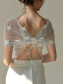 1pc White Floral Short Bridal Shawl With Light Blue Tie, Elegant Wedding Dress Accessory Suitable For Wedding Ceremony And Parties