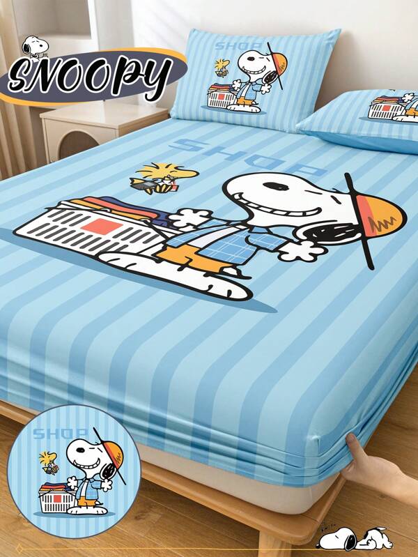 SNOOPY 1 pieza Sábana ajustable con estampado de Snoopy, juego de ropa de cama de Snoopy, protector de colchón, funda nórdica, sábana ajustable cómoda y transpirable, protector de colchón antipelusas, funda nórdica con estampado de dibujos animados, artículos de Snoopy, decoración del hogar de Snoopy, a prueba de polvo y antideslizante, se ajusta a todas las camas - individual, doble, queen, king, apto para todas las estaciones, no incluye funda de almohada ni almohada, lavable a máquina