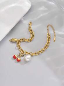 LIEBEIRIS 1pc 18K Gold Plated Stainless Steel Cherry Series Bracelet, Suitable For Ladies Daily Wear And Gift