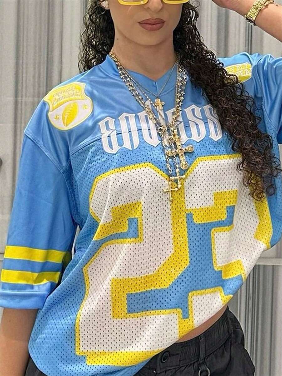 夏季美式原宿宽松上衣Y2K字母印花棒球T恤女短袖街头休闲运动衫 - 藍色 - 查看 1