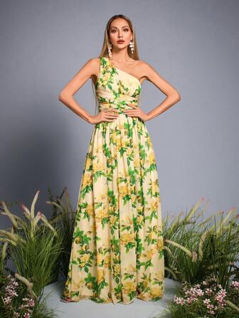 Mgiacy New Arrival V Neck Elegant Bridesmaid Dress Printed Ruffle Chiffon Long Dress