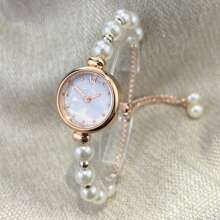 1 pieza Reloj pulsera de mujer con cadena de aleación, esfera redonda y correa ajustable de perlas, reloj de estudiante de moda