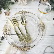 175 Pcs Transparent Gold Court Style Plastic Tableware Set, Suitable For 25 Guests, Including 25 Dinner Plates, 25 Dim Sum Plates, 75 Knives, Forks, Spoons, 25 Cups, 25 Napkins, . Very Suitable For Weddings And Parties - Transparent Gold - View 4