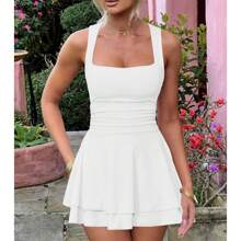 Women's Mini Party Dress Summer Sleeveless Square Neck Solid Color A-Line Dress Short Flowy Dress - 白色 - 查看 1