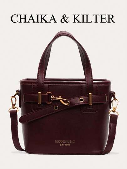 1 件 CHAIKA & KILTER 纯色 PU 皮革手提包，女士时尚 Ancora 红色水桶包，肩带装饰，双手柄设计，拉链开合，可调节肩带，适合日常、约会、通勤使用