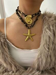 1 件时尚高端豹纹系列女士不锈钢吊坠项链，海星，贝壳，海胆，火焰形状吊坠设计，极简主义夸张金属风格项链 - 金色 - 查看 1