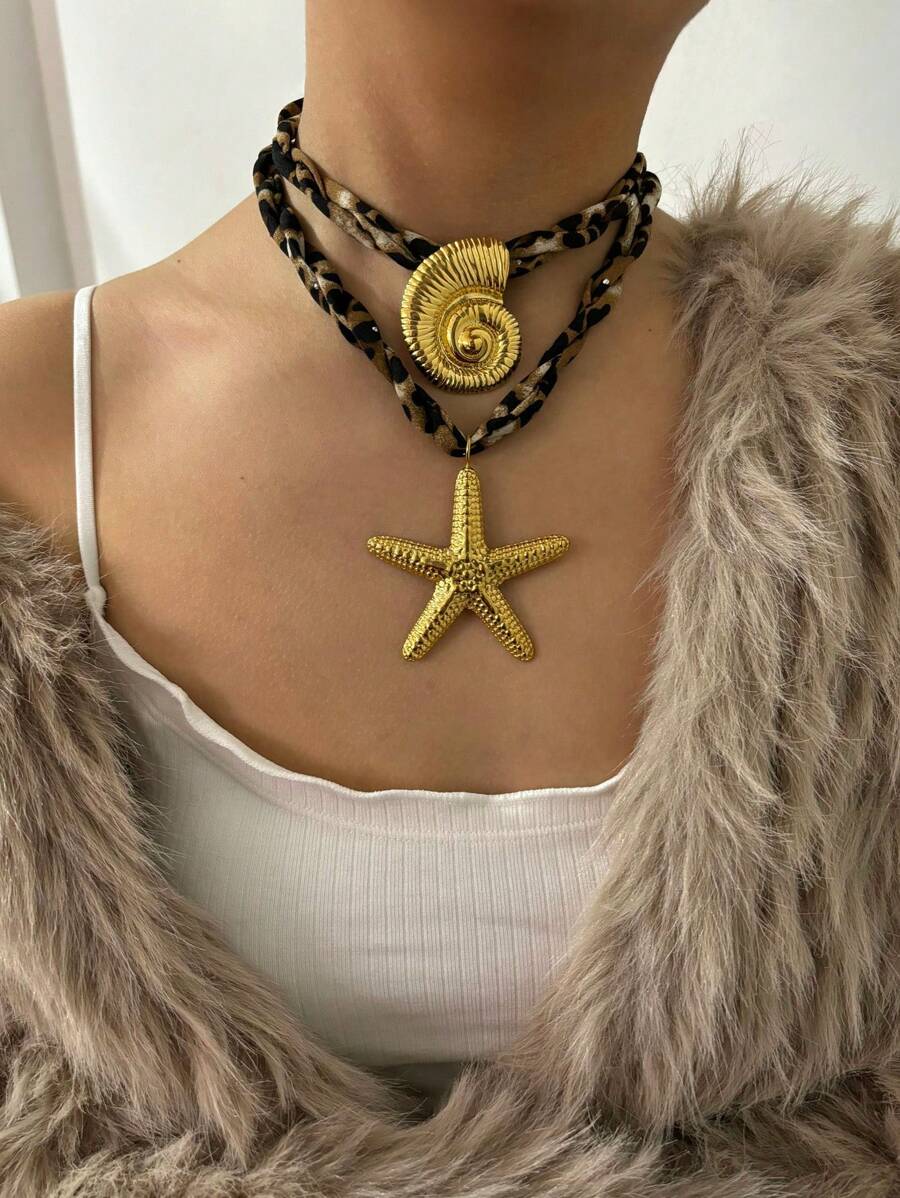 1 件时尚高端豹纹系列女士不锈钢吊坠项链，海星，贝壳，海胆，火焰形状吊坠设计，极简主义夸张金属风格项链 - 金色 - 查看 1