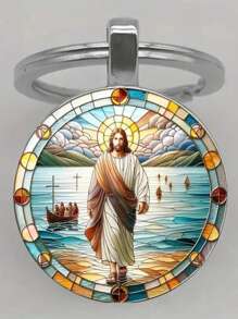 1 件时尚合金玻璃圆形“耶稣归来”钥匙扣，女士装饰配饰，完美的生日礼物 - 彩色 - 查看 3