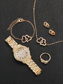 6 pièces/set Montre-bracelet à quartz analogique en acier inoxydable avec cristaux incrustés pour femmes + accessoires de bijoux en forme de cœur