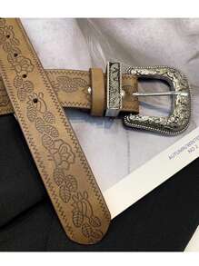 1 pieza Cinturón vintage personalizado con hebilla estampada de moda para mujer en color marrón, adecuado para vaqueros y vestidos