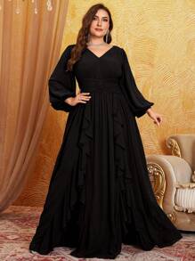 Plus Size V-Neck Chiffon Lantern Sleeve Pleated Panel Floral Trim Flare Hem Party Dress,Modest - màu đen - Xem 1
