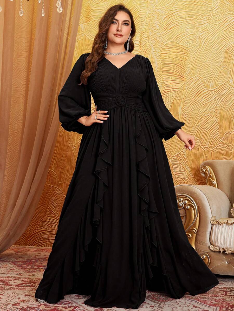 Plus Size V-Neck Chiffon Lantern Sleeve Pleated Panel Floral Trim Flare Hem Party Dress,Modest - màu đen - Xem 1