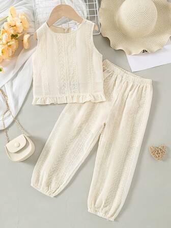 2 件套女童波西米亚风无袖上衣 + 长裤，米色，春夏