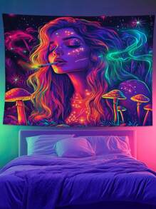 Blacklight Tapestry UV Reactive Mushroom Charming Woman Tapestry Vibe Tapestry Aesthetic Wall Tapestry Wall Hanging For Bedroom