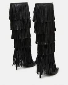Black Leather Knee High Fringe Boots Layered Fringe Boots Sleek Pointed Toe Stiletto Shoes Fashion Exquisite Luxury Boots - Black - View 3