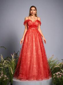 Mgiacy New Arrival V Neck Tank Romantic Bridesmaid Dress Printed Ruched Mesh Overlay Tutu Skirt - Red - View 1