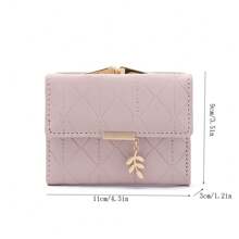 1 件腮红粉色新叶金属吊坠设计菱格纹 PU 皮革折叠扣短款女士钱包，多功能卡夹零钱包日常旅行学生返校/情人节礼物