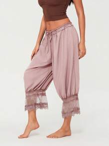 Women Lace Trim Long Bloomers Elastic Mid Rise Ruffle Pantaloons Cropped Flared Slips Pants Bottoms - Hồng - Xem 2