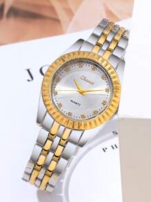 Chance 2 件时尚商务石英女士手表，搭配蝴蝶结和钻石首饰手链套装，适合节日、派对、婚礼和日常佩戴，是送给女性的最佳礼物。 - 金色 - 查看 4