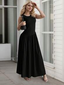 hoteel Chic Simple Design Sleeveless Tank A-Line Long Dress, Crew Neck Slim Top Wide Hem Waist Pleated, Woman Cothes - 黑色 - 查看 4