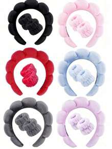 1/3 件套奢华超细纤维 Spa 头带和腕带套装 - 柔软舒适，适合洗脸、化妆、淋浴和护肤，女士和女孩发饰套装 - 彩色 - 查看 2