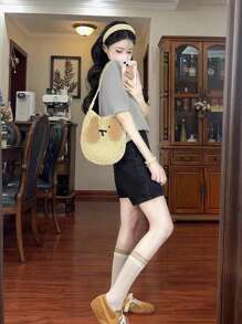 Women's Casual Bowknot Loose Knit Short Sleeve Top, Versatile For Commute, Summer Knit